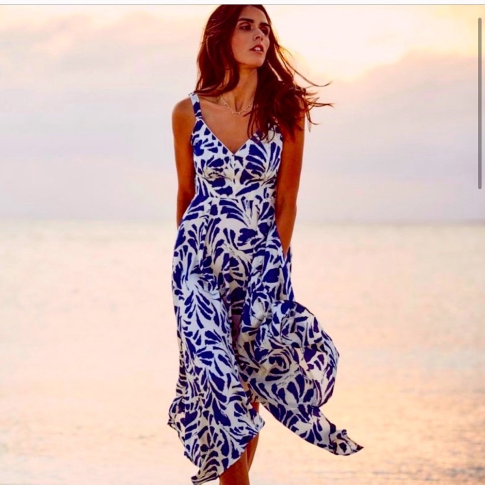 ALEXIS Blue and White Abstract Midi Dress Handkerchief Hem Satin NWT